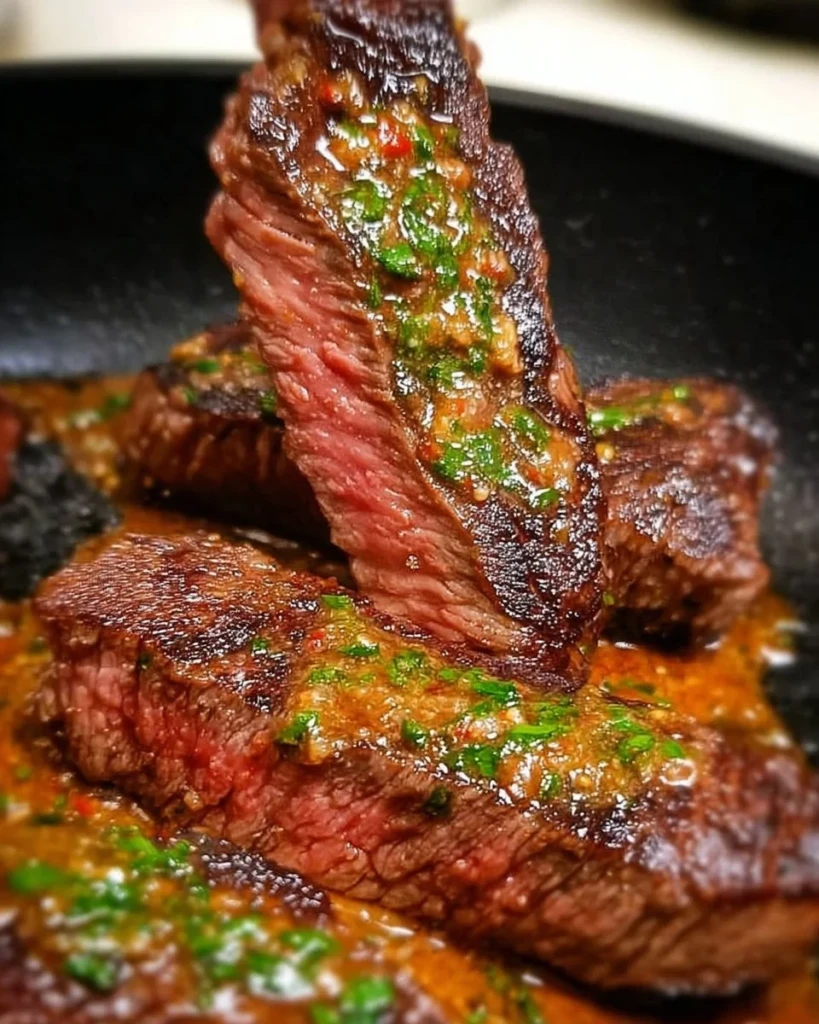 Delicious Cowboy Butter Steak garnished with herbs and spices on a grill