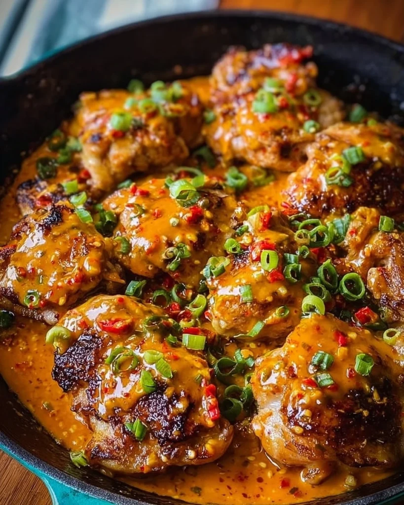 Delicious Skillet Bang Bang Chicken Thighs served on a plate with garnishes.