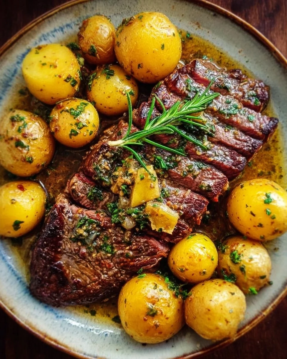 Slow Cooker Cowboy Butter Steak with Potatoes in a serving dish