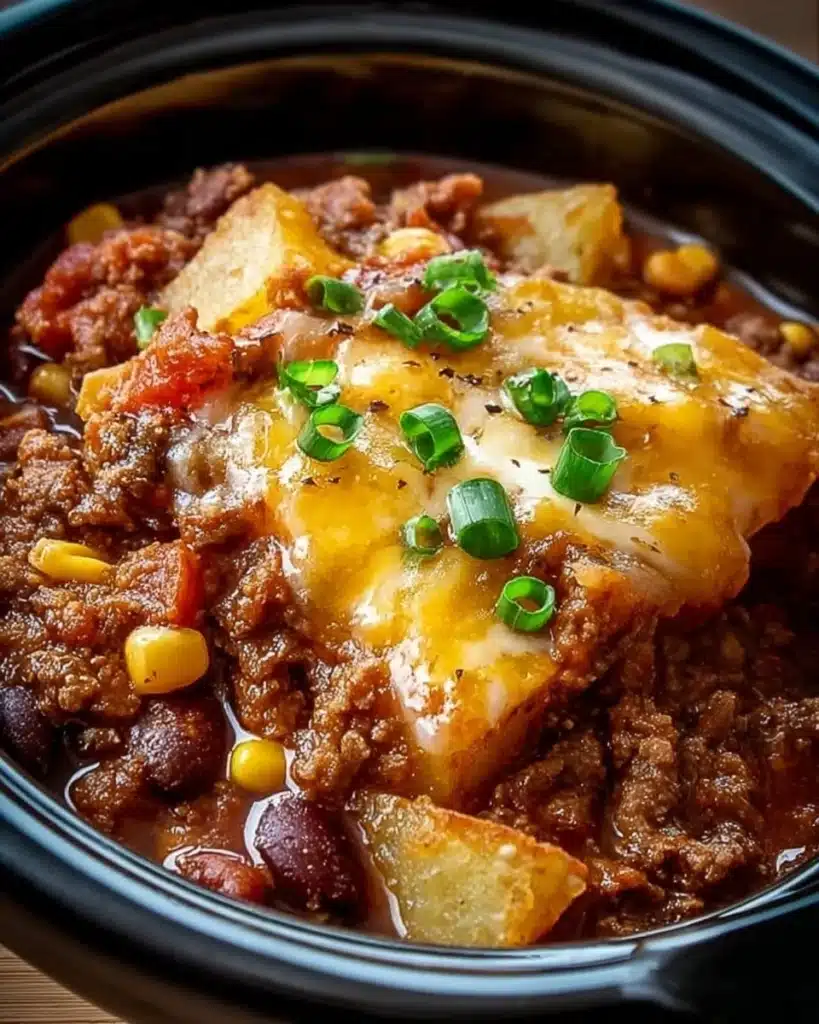 Delicious Slow Cooker Cowboy Casserole prepared in a bowl with ingredients visible.