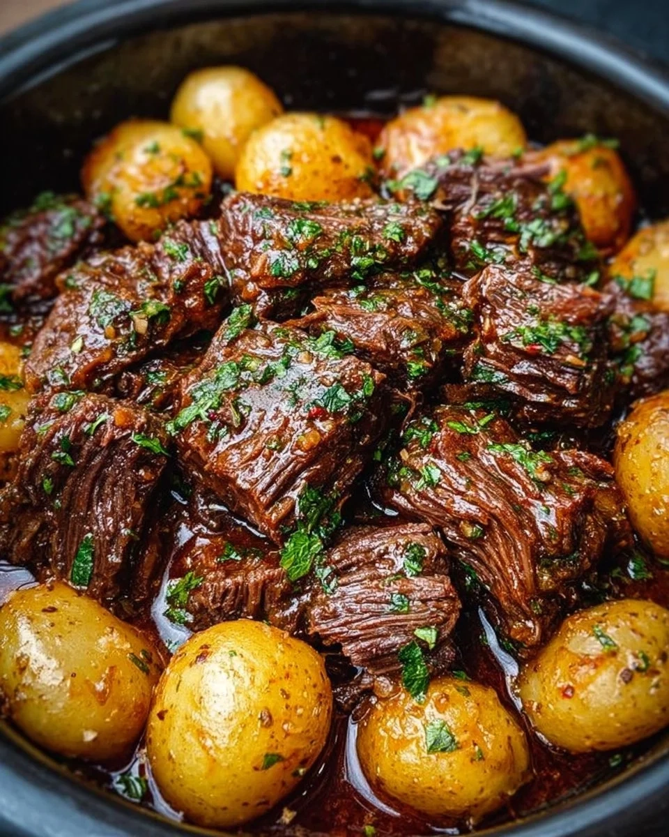 Slow Cooker Garlic Butter Beef served with potatoes for a delicious meal