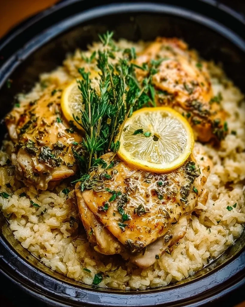 Slow Cooker Lemon Herb Chicken served with rice on a plate