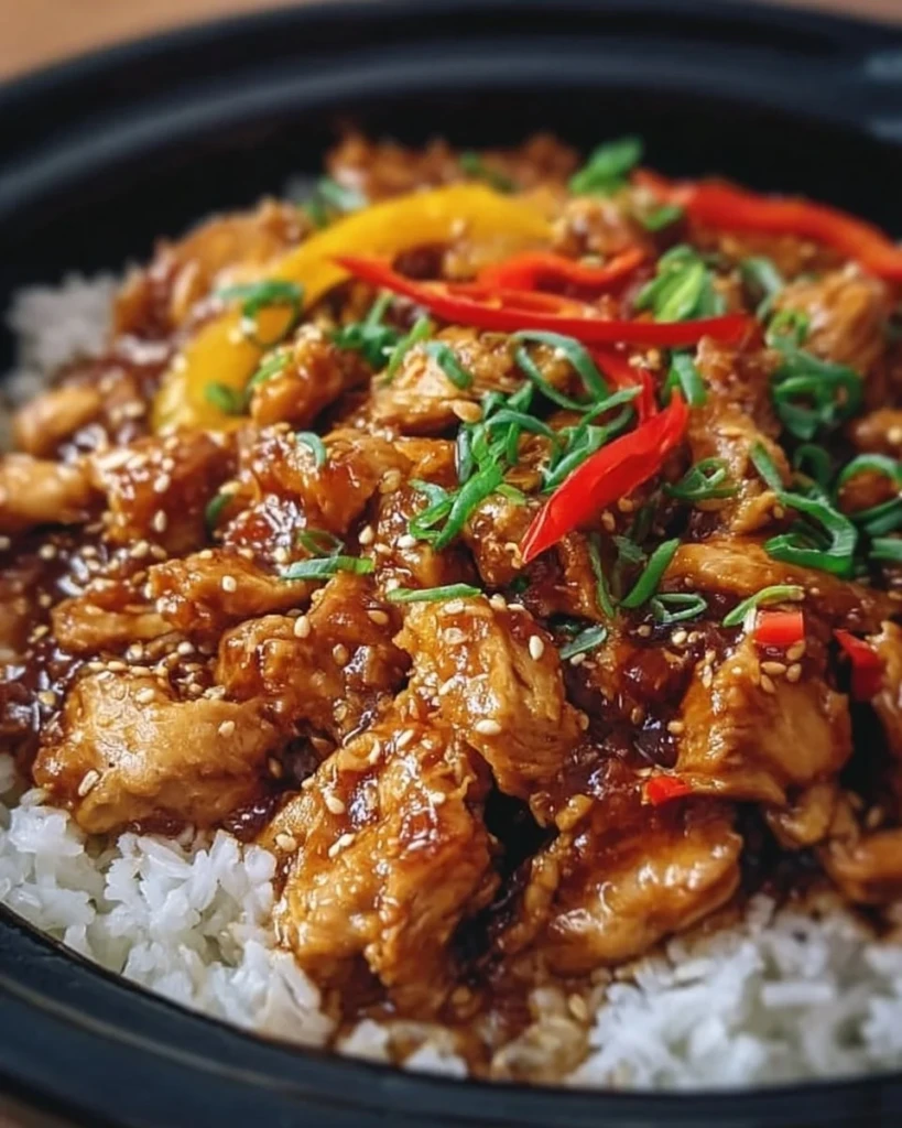 Slow cooker sweet chili chicken served with rice and vegetables