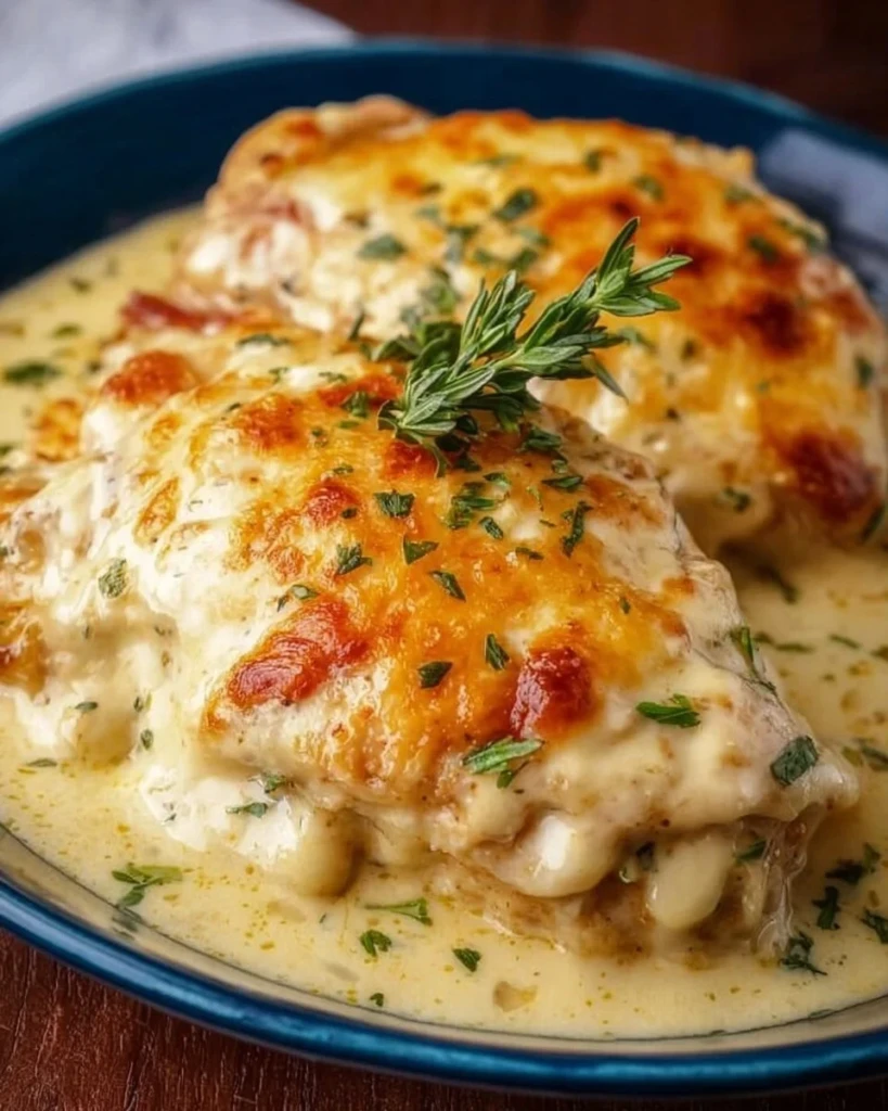 Delicious smothered cheesy sour cream chicken plated with herbs.