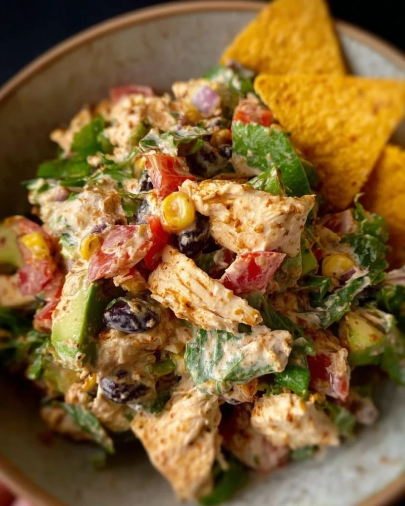 Bowl of Southwestern chicken salad with colorful vegetables and grilled chicken