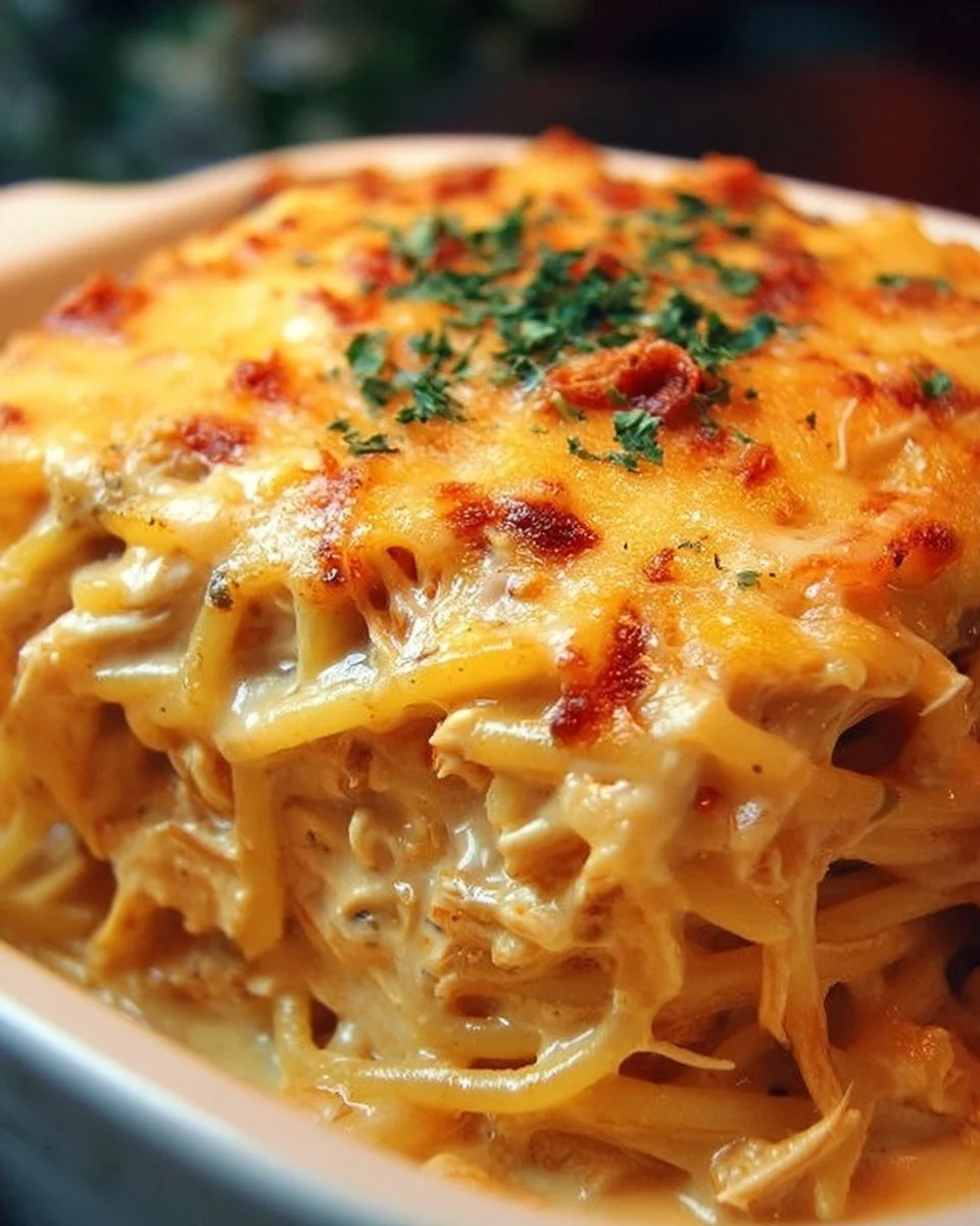 Spicy Southern Cheesy Chicken Spaghetti Casserole topped with melted cheese.