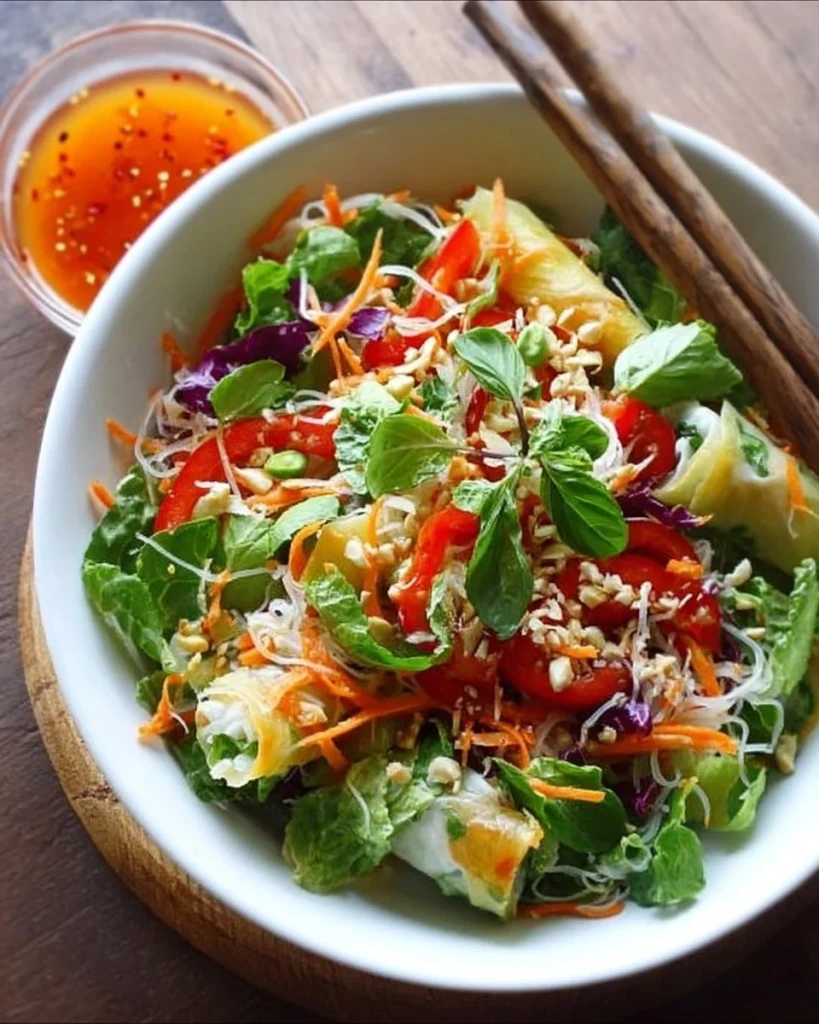 Colorful spring roll salad with spicy ginger dressing and fresh vegetables