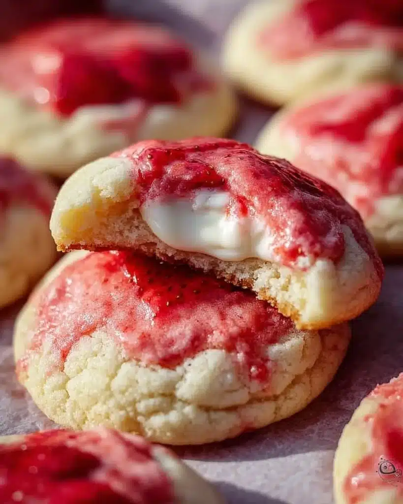 Strawberry cheesecake cookies on a plate with fresh strawberries
