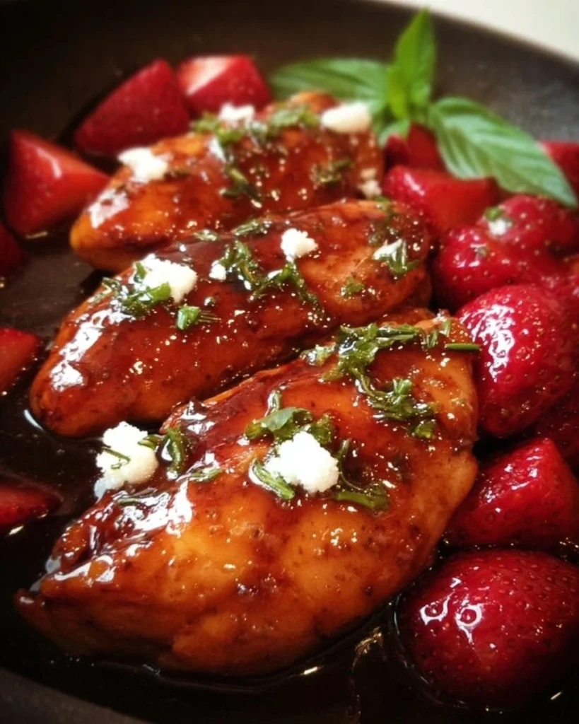 Plate of Strawberry Chicken garnished with fresh strawberries and greens