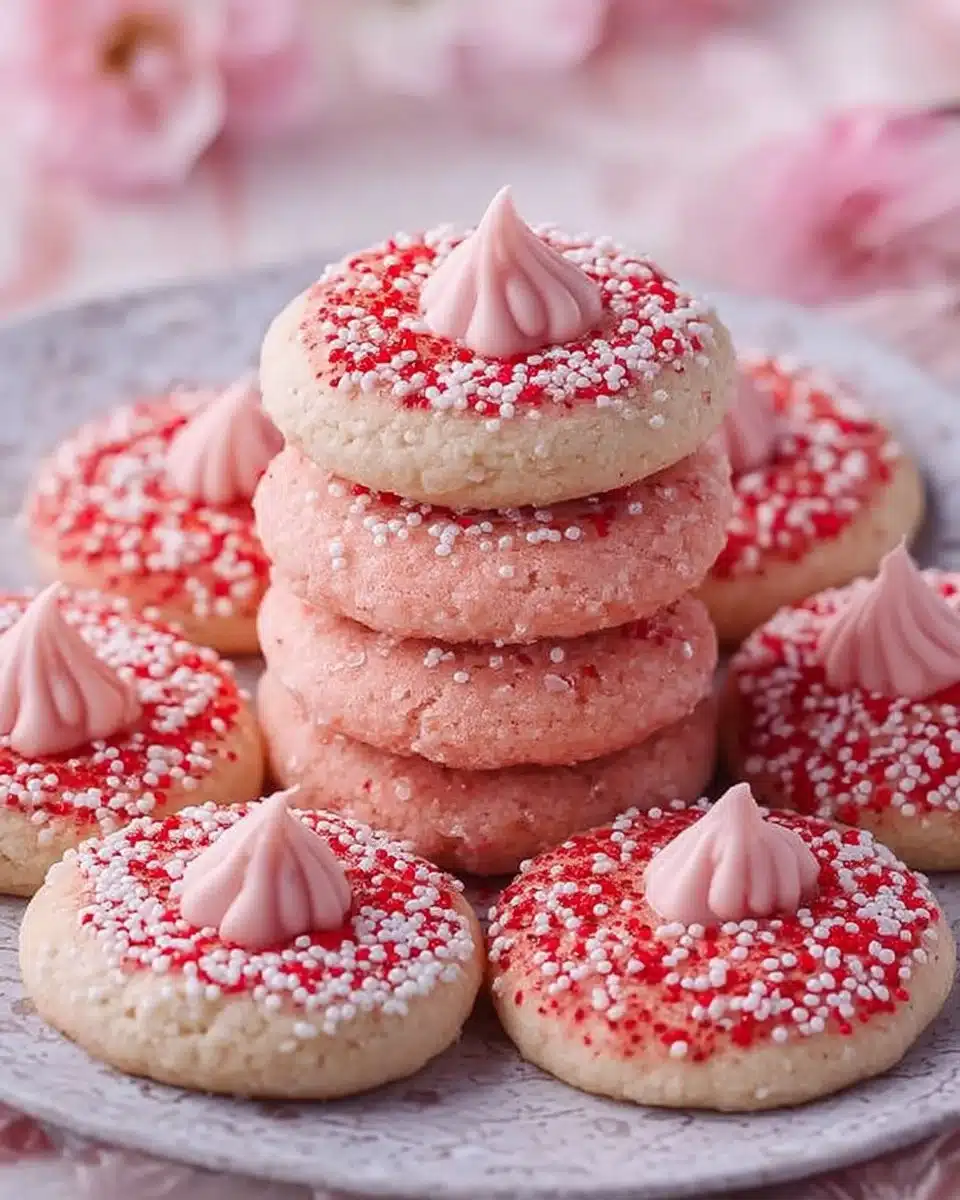 Delicious Strawberry Kiss Cookies decorated with chocolate, ideal for Valentine's Day.