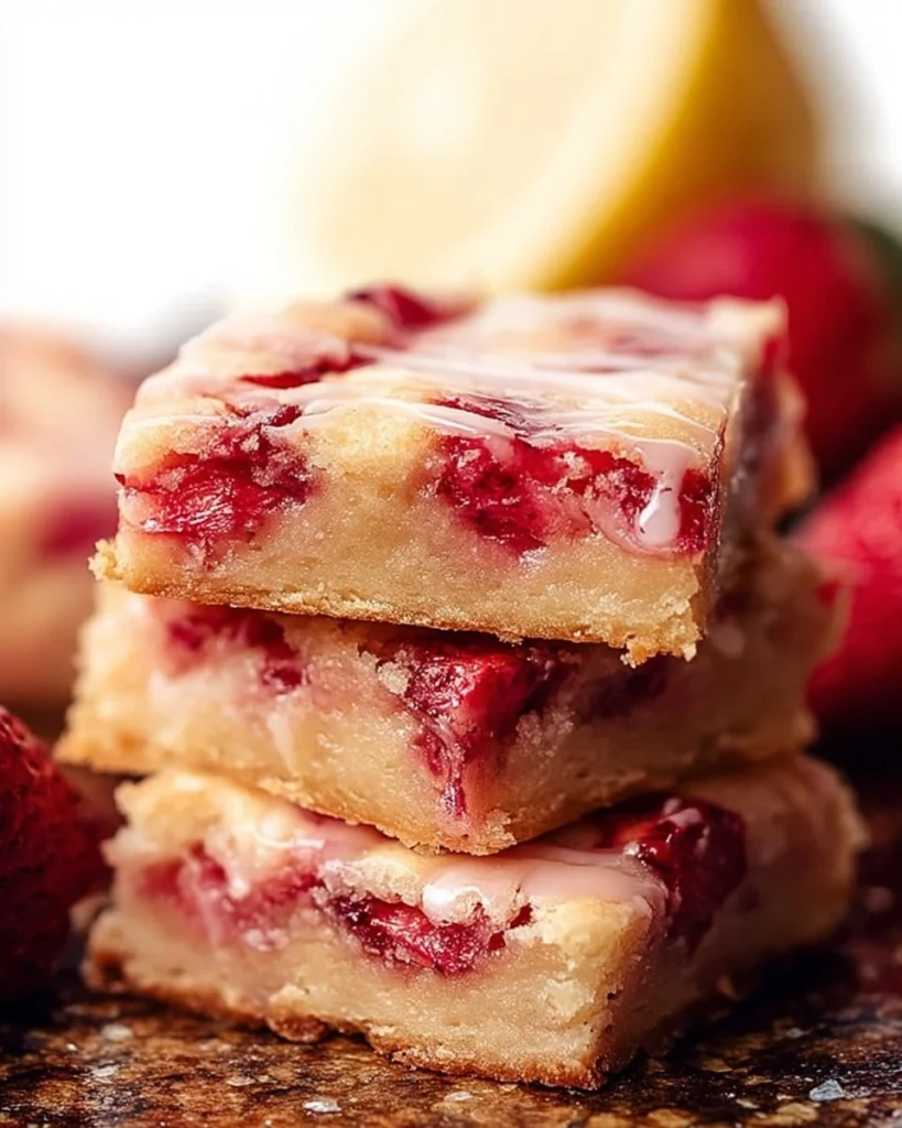 Delicious Strawberry Lemon Blondies topped with fresh strawberries and lemon zest