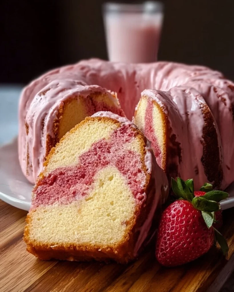Delicious strawberry milkshake pound cake with fresh strawberries on top