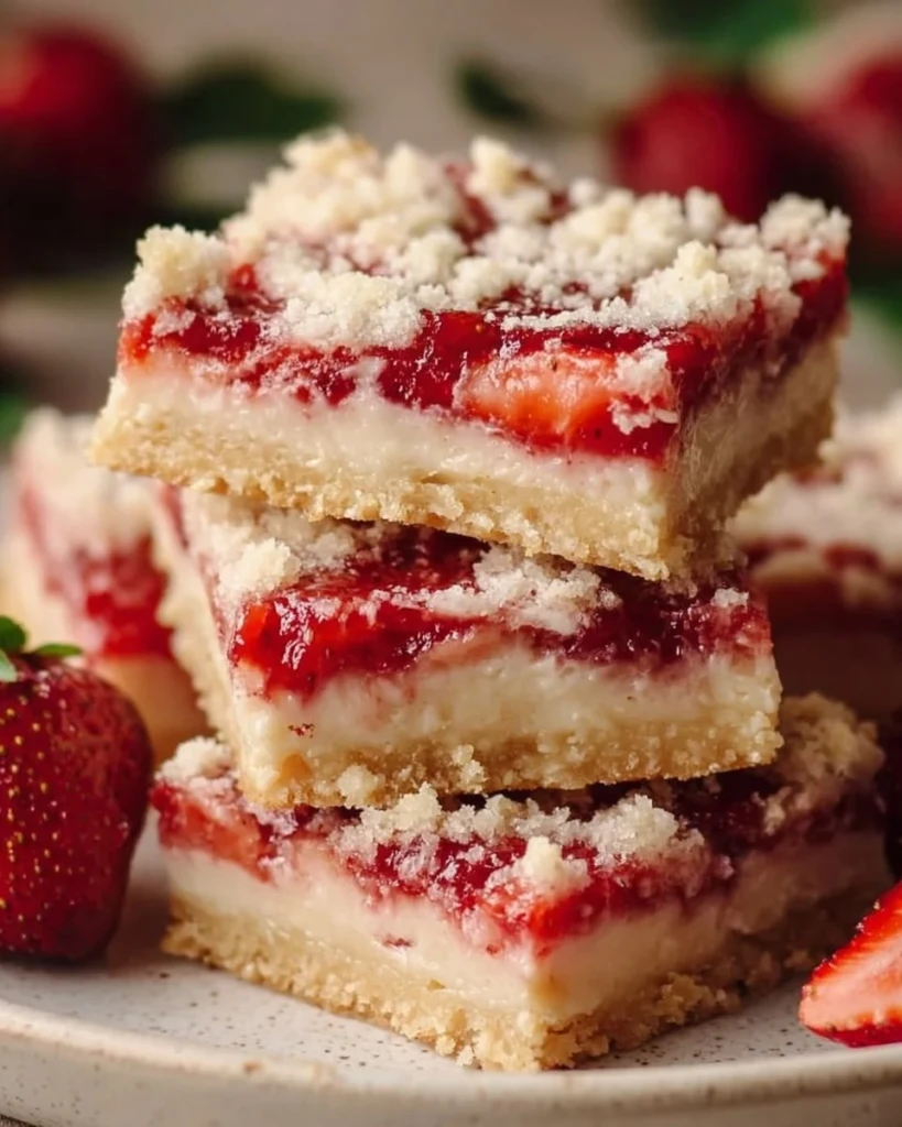 Delicious strawberry shortcake bars freshly baked and topped with strawberries