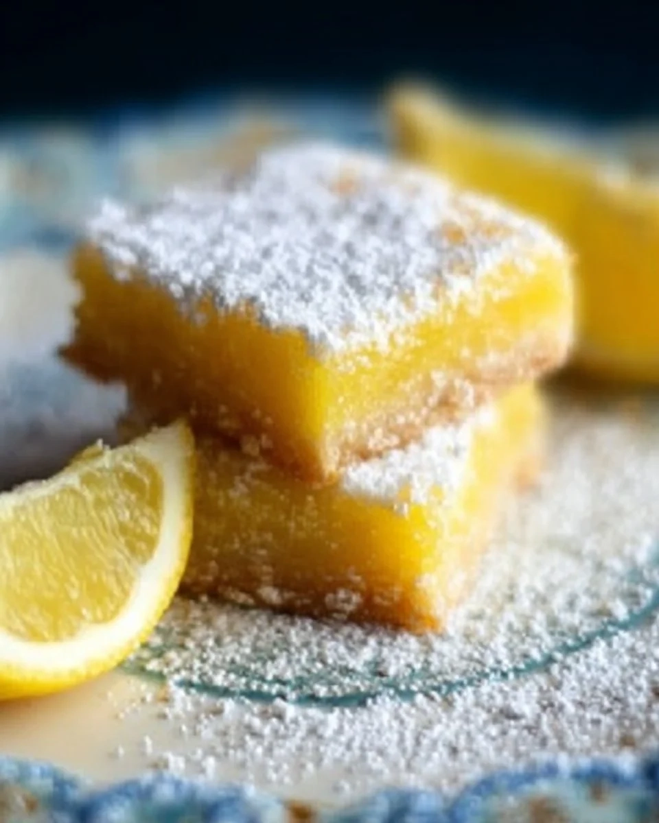 Freshly baked super easy lemon bars with a dusting of powdered sugar.