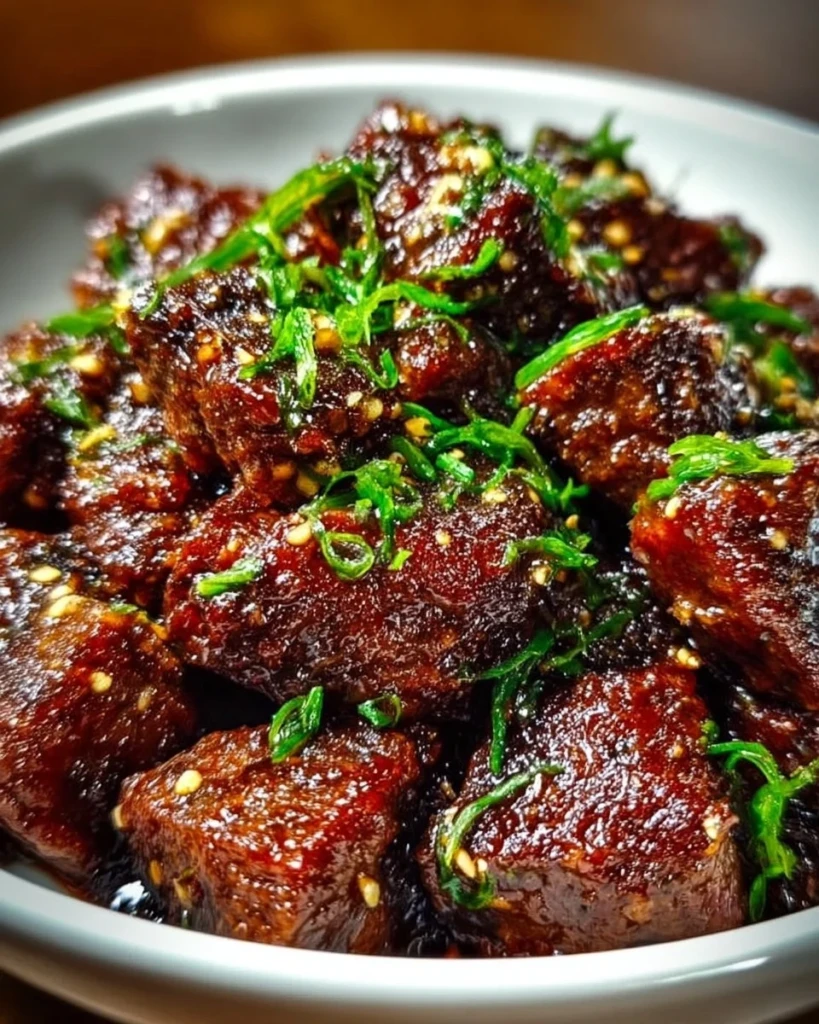 Delicious sweet and sticky steak bites served on a plate