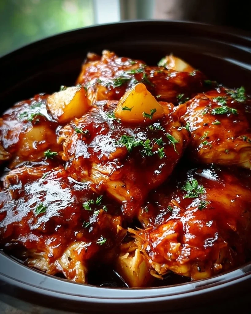 Sweet Hawaiian Crockpot Chicken served with rice and pineapple slices