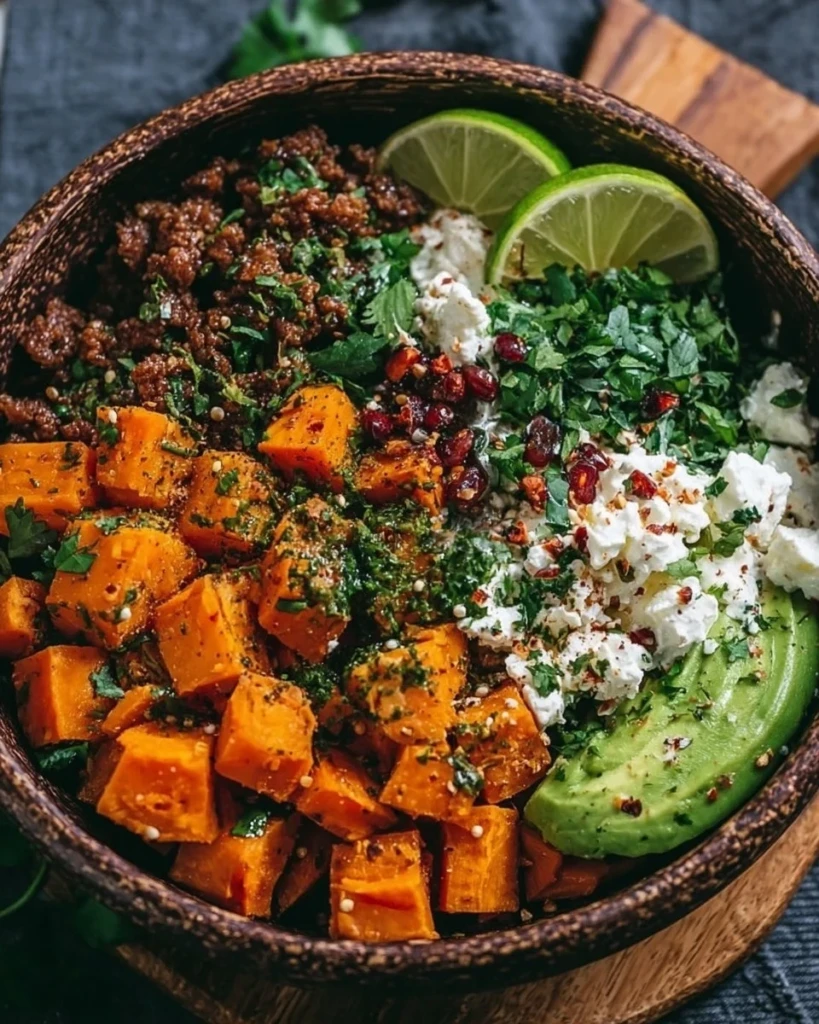 Colorful and delicious sweet potato taco bowl filled with fresh vegetables
