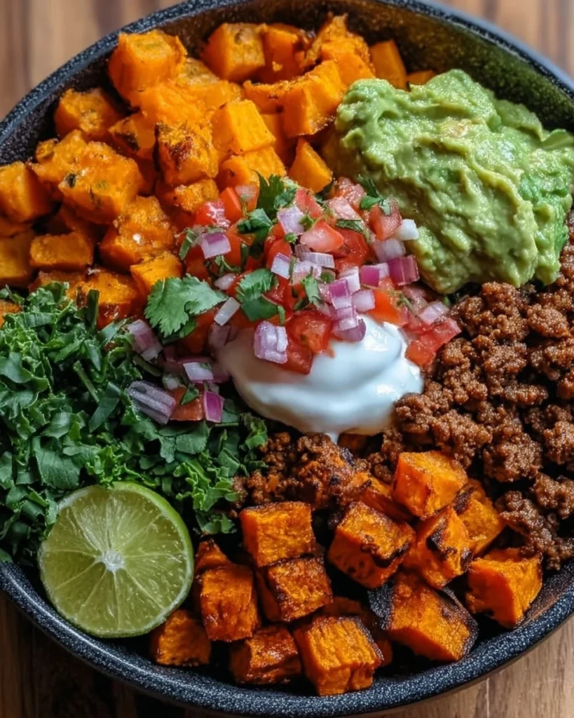 A delicious sweet potato taco bowl filled with colorful veggies and toppings.