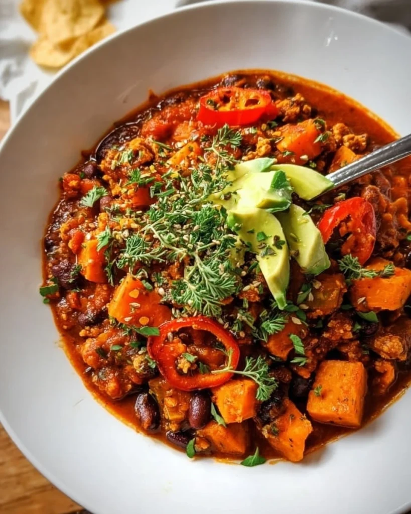 Bowl of sweet potato turkey chili topped with fresh cilantro