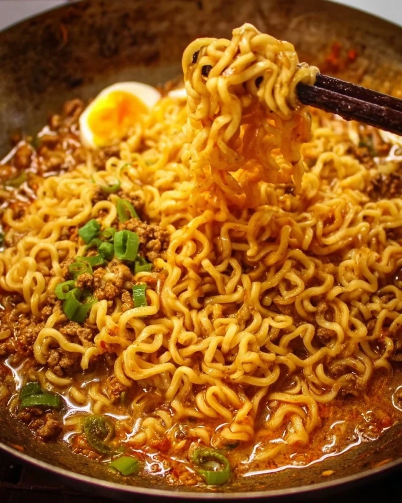 Bowl of spicy taco ramen topped with fresh ingredients and herbs