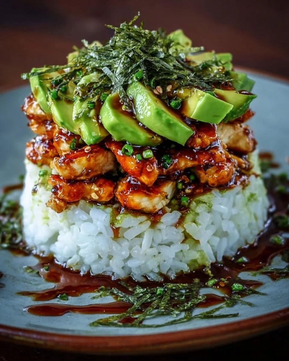 Delicious Honey Lime Chicken served with avocado rice stack.