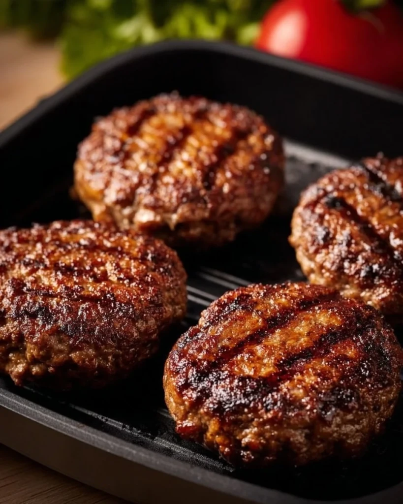 Cooked air fryer hamburger patties on a plate, garnished with herbs.