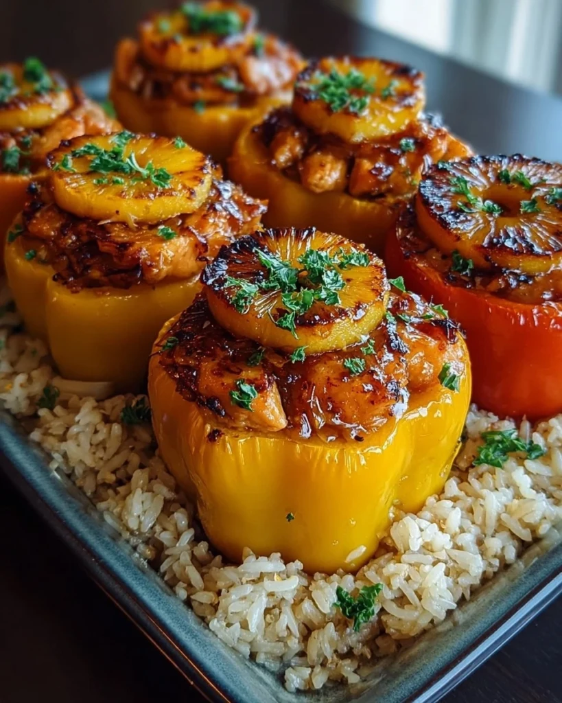 Teriyaki chicken and pineapple stuffed peppers on a plate