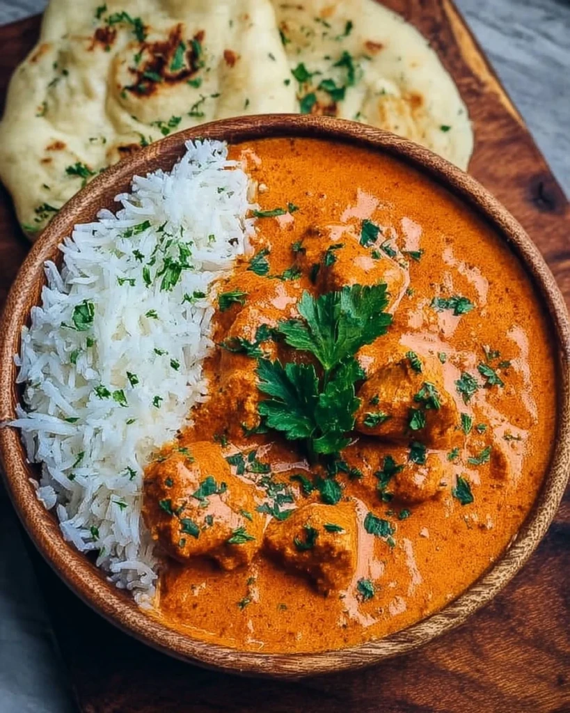 Delicious butter chicken served with naan and rice in a vibrant bowl