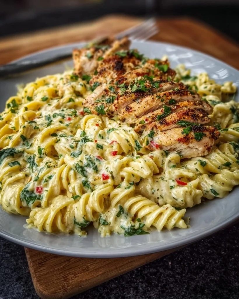 Creamy garlic parmesan chicken pasta served in a bowl with herbs on top