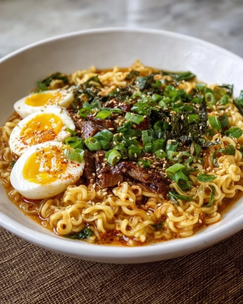 Bowl of TikTok-famous ramen with vibrant toppings and steam rising