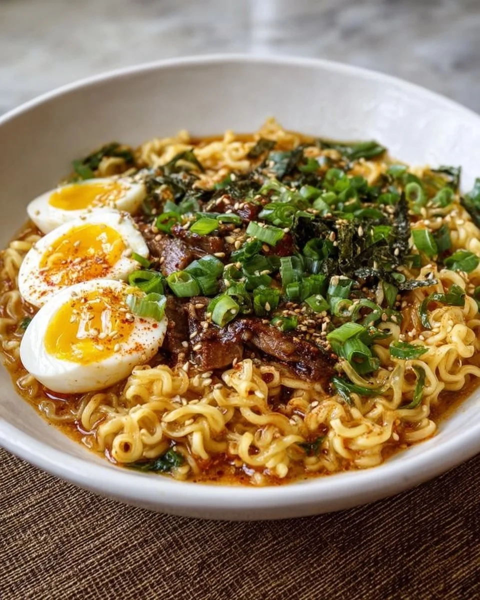 Bowl of TikTok-famous ramen with vibrant toppings and steam rising