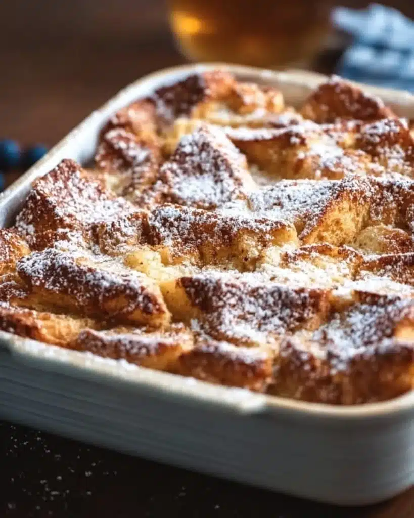 Traditional French Toast Casserole served with syrup and berries