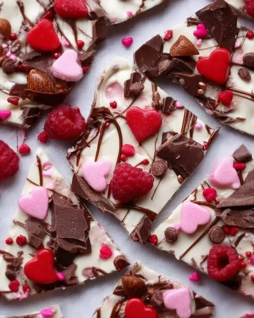 Delicious Valentine’s chocolate bark decorated with hearts and sprinkles.