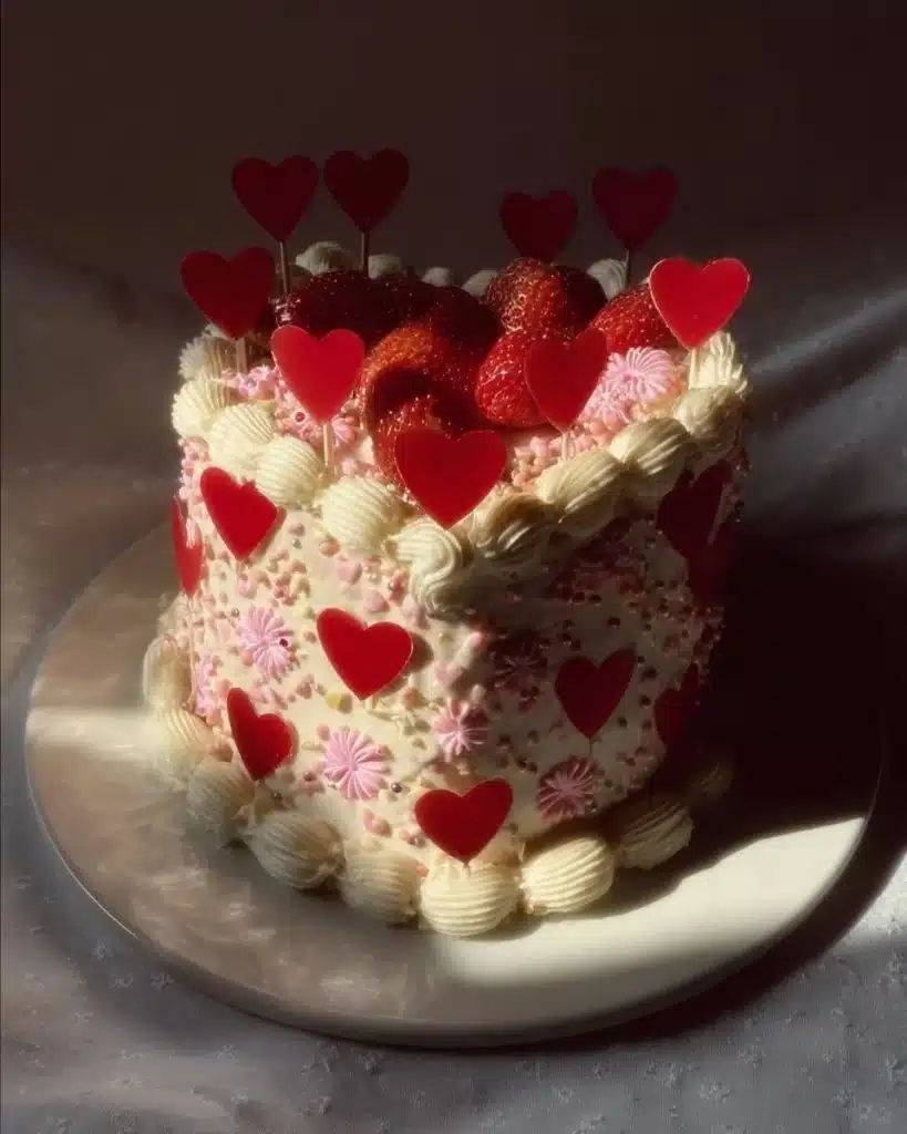 Delicious Valentine's Day cake decorated with hearts and roses