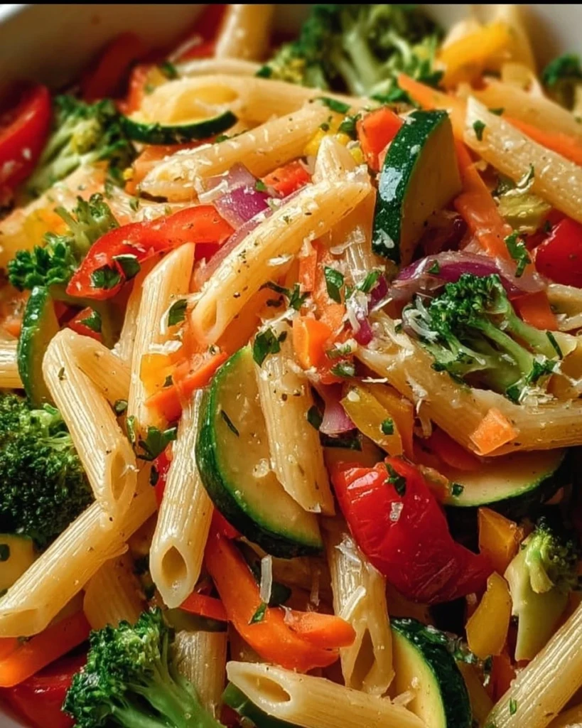 Veggie-packed vegetarian pasta primavera with colorful vegetables and pasta.