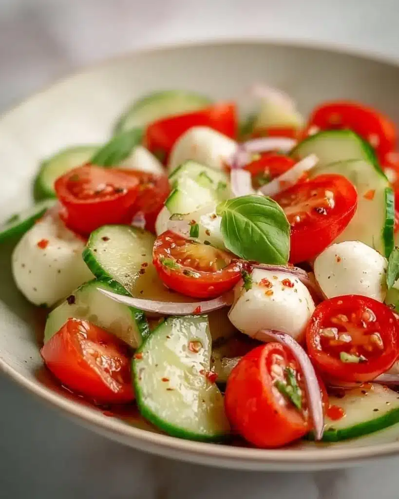 Juicy Cucumber Caprese Salad with fresh mozzarella and basil