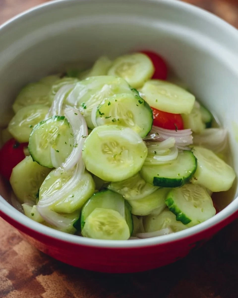 Fresh cucumber salad with herbs and dressings in a bowl