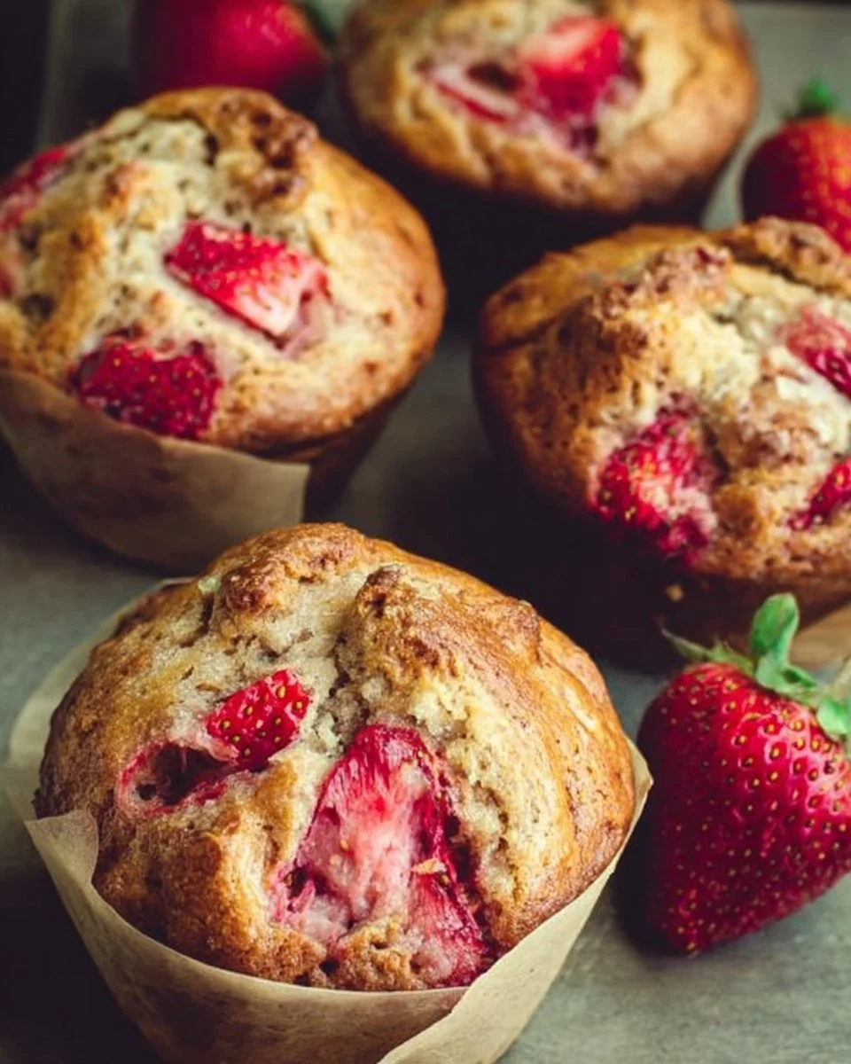 Freshly baked strawberry banana muffins on a cooling rack.