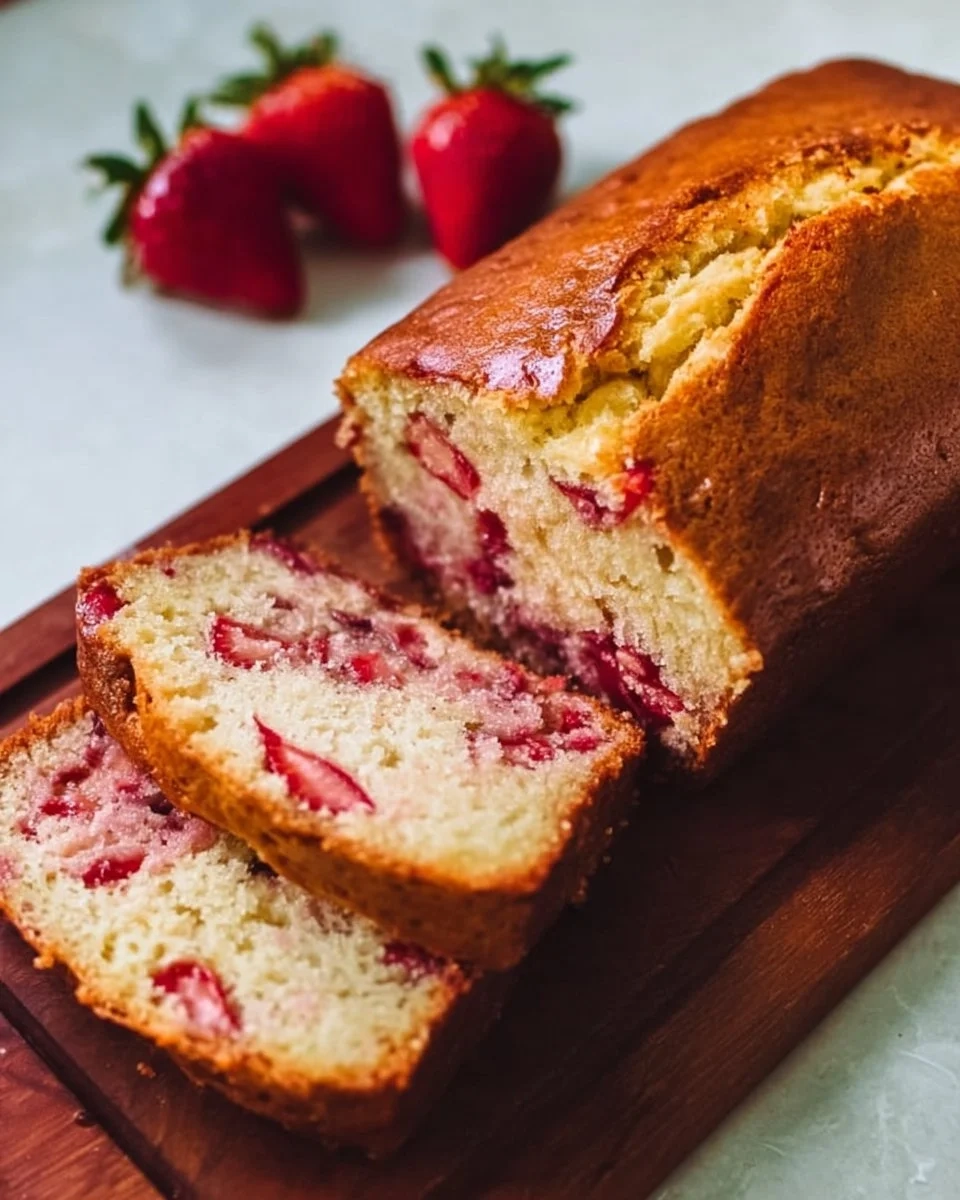 Delicious strawberry bread fresh out of the oven with fruit topping