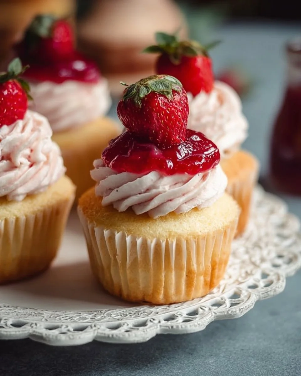 Delicious strawberry jam cupcakes topped with fresh strawberries
