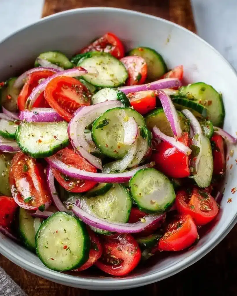 Cucumber tomato salad with red onion in a tangy dressing on a plate.