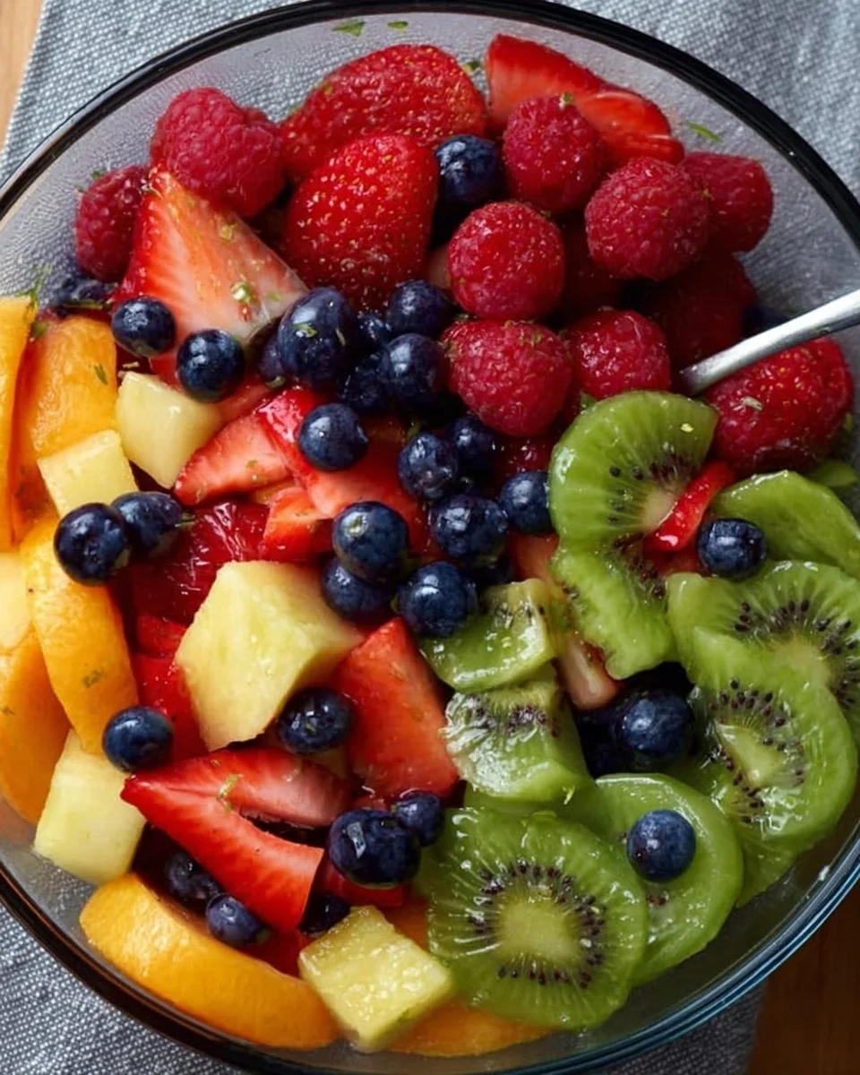 Colorful fruit salad topped with honey lime dressing, served in a bowl.