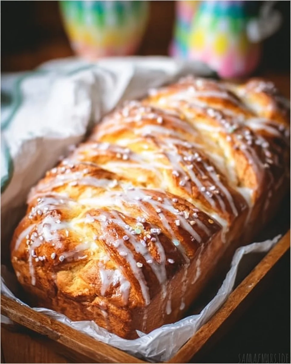Glazed Easter Bread with a sweet glaze and festive decorations