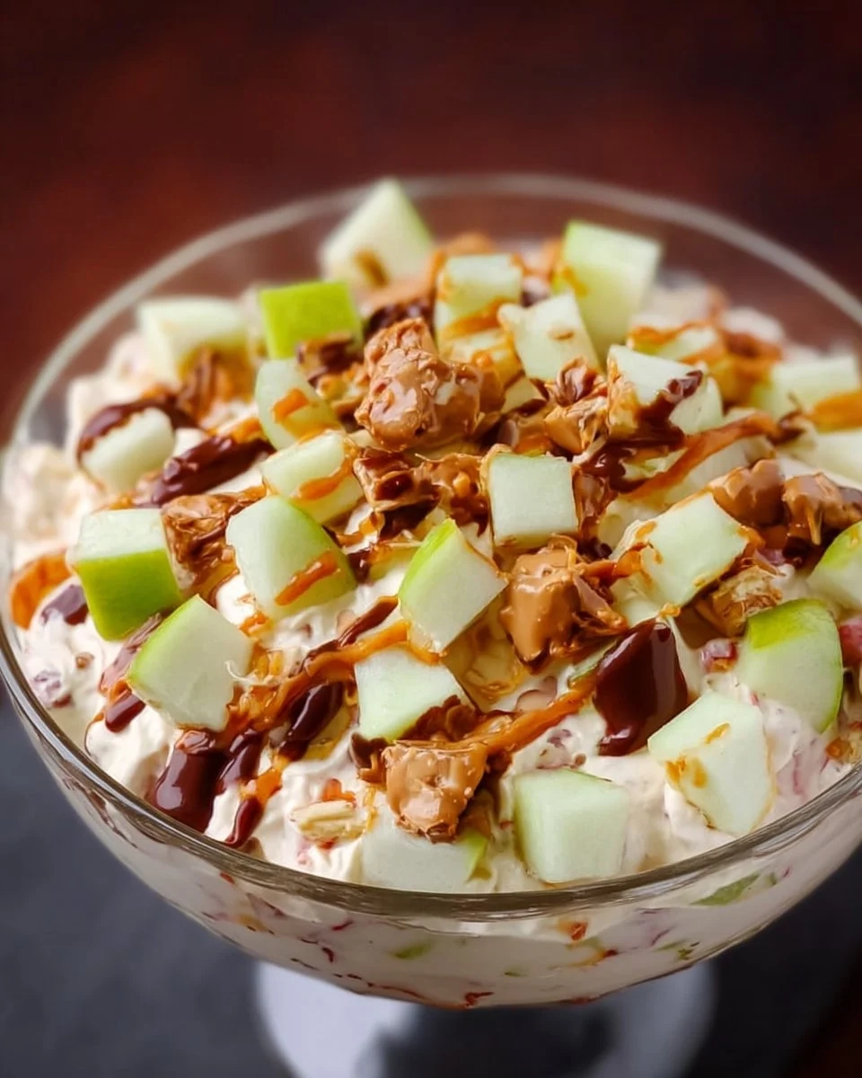 Delicious Snickers Apple Salad topped with caramel and chocolate